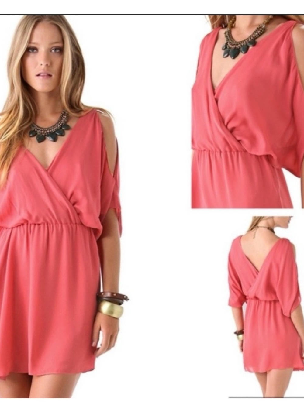 Haute Hippie Coral Cold-Shoulder V-Neck Mini Dress